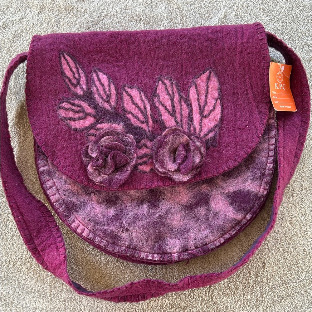 KPC Women's Burgundy Purple 100% Wool Felt Shoulder Bag Crossbody Purse NWT